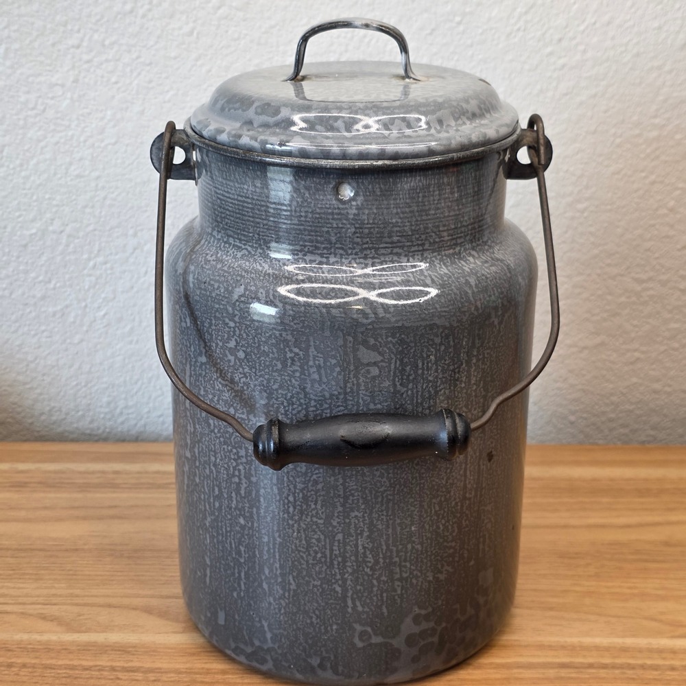 Antique Gray Graniteware Enamelware Gray Mottled Milk Cream Pail Can And Lid 11"